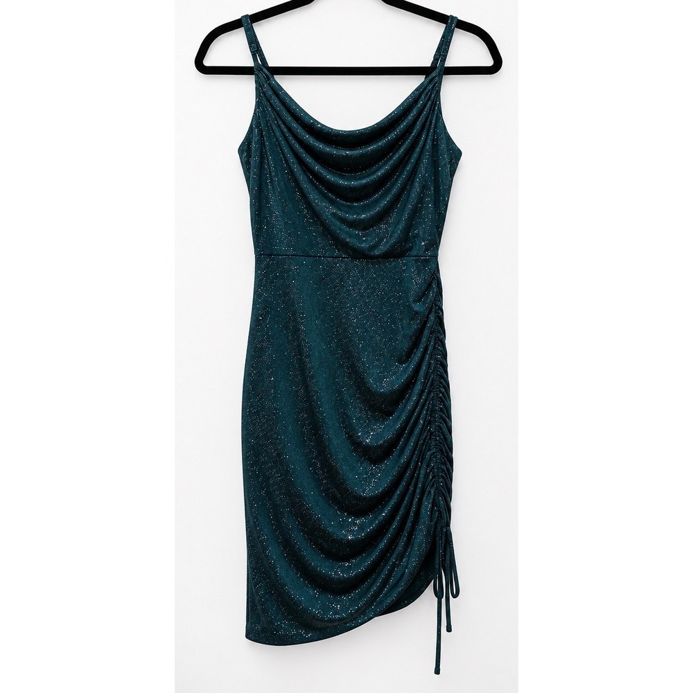 City Studio Teal Green Glitter Cowl Neck Ruched Bodycon Dress Size S 7285-EE6A
